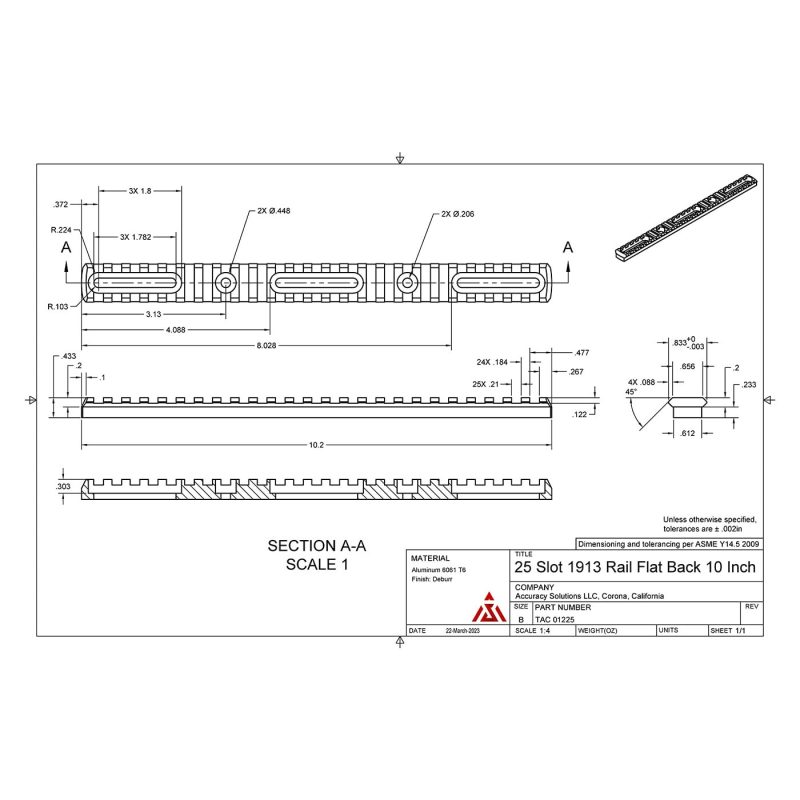 BipodeXt Picatinny Rail 25 Slots - 10.2 Inches